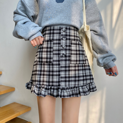 Real price ~ A-line check skirt with Auricularia auricula edge for women 2021 Korean high waist versatile slim student skirt