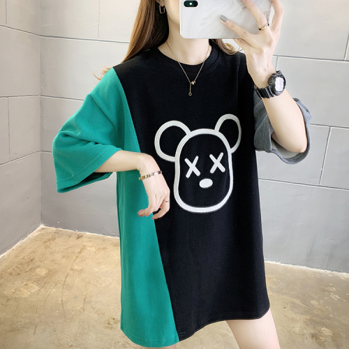 Real shot summer new Korean fashion round neck cartoon printing short sleeve loose size women's fat mm T-shirt