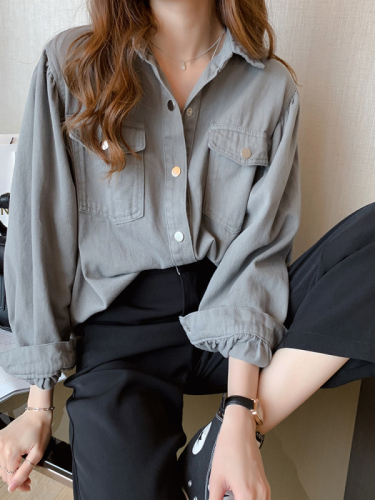Tooling denim white shirt women's spring and autumn new style design sense niche top loose and versatile long sleeve shirt fashion