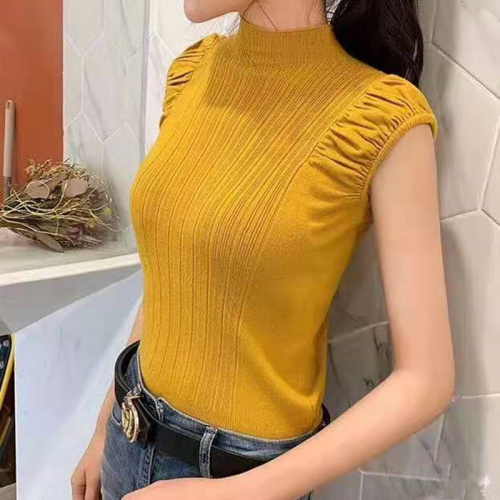 Spring and summer new simple solid color half high collar pleated Pullover Sweater women's sleeveless vest