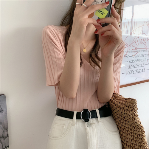 Chicken heart collar base shirt women's summer with loose candy color Matcha green top thin ice silk short sleeve knitted T-shirt