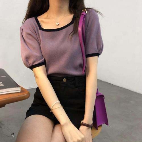 Ufa style square neck color matching short sleeve Knitted Top Women's Korean slim short T-shirt spring