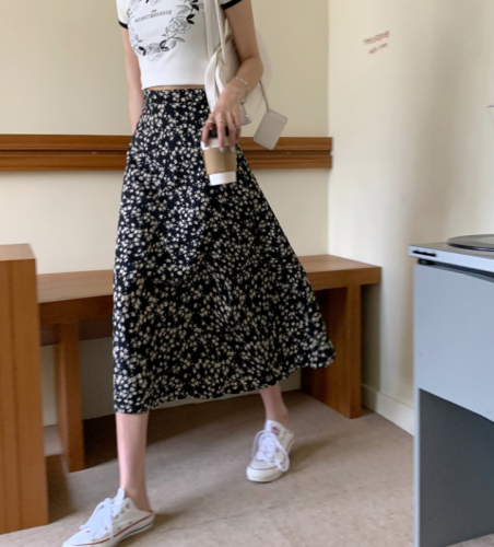 Real price ~ floral skirt women's 2021 spring and summer new Chiffon high waist a-word versatile medium length skirt