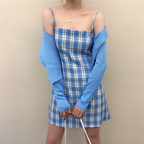 Real price ~ 2021 new Plaid suspender dress skirt + blue cardigan coat