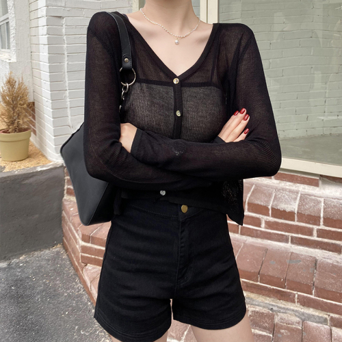 Real shot knitted cardigan sweater, female collar, new style in spring, with thin long sleeve jacket