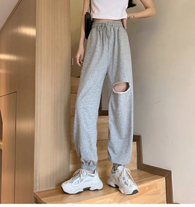 Large size perforated pants women's spring and Autumn New Korean student High Waist Wide Leg sports leisure pants