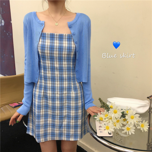 Real price ~ 2021 new Plaid suspender dress skirt + blue cardigan coat