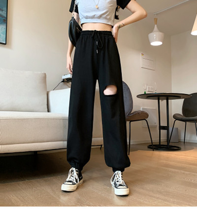 Large size perforated pants women's spring and Autumn New Korean student High Waist Wide Leg sports leisure pants