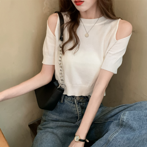 New summer net red off shoulder care machine top short loose black knitted short sleeve T-shirt women's fashion