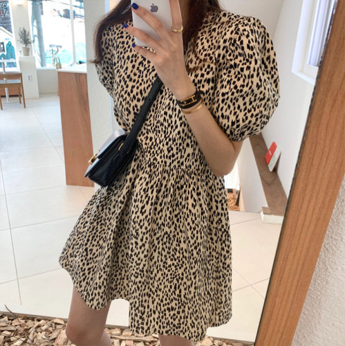 South Korea dongdamen summer dress new net red waist French Platycodon grandiflorum bubble sleeve leopard print dress skirt