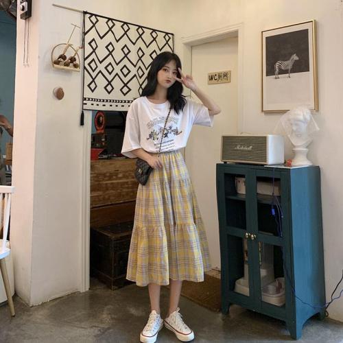 New summer student's mid long forest Plaid pleated skirt