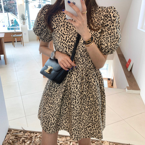 South Korea dongdamen summer dress new net red waist French Platycodon grandiflorum bubble sleeve leopard print dress skirt