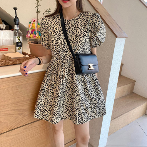 South Korea dongdamen summer dress new net red waist French Platycodon grandiflorum bubble sleeve leopard print dress skirt