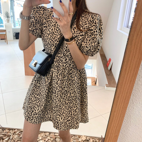 South Korea dongdamen summer dress new net red waist French Platycodon grandiflorum bubble sleeve leopard print dress skirt