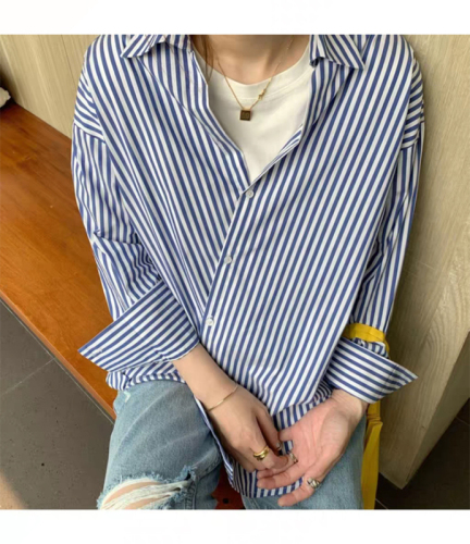 Spring women's new year loose and versatile long sleeve blue striped shirt chic top women's design
