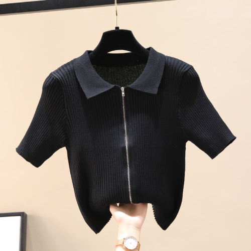 Real Korean version small sexy open navel zipper T-shirt short sleeve T-shirt