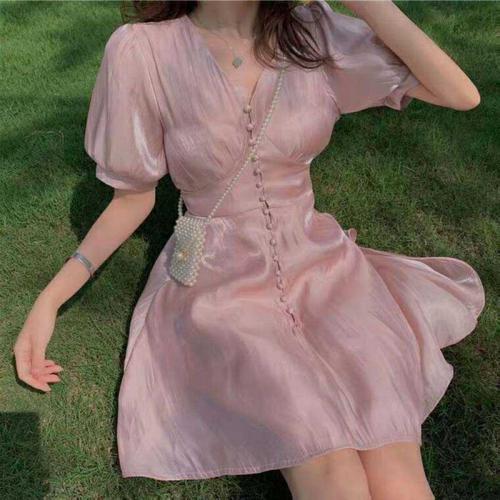 French niche design single breasted super fairy collar mid length skirt with slim waist Chiffon Dress