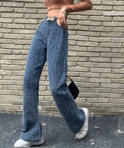 Real price Hong Kong style design inspiration chain hollowed out jeans women's high waist leg long straight pants