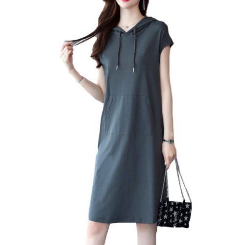 New dress women's summer dress medium length hooded sweater women's casual loose short sleeve skirt cotton