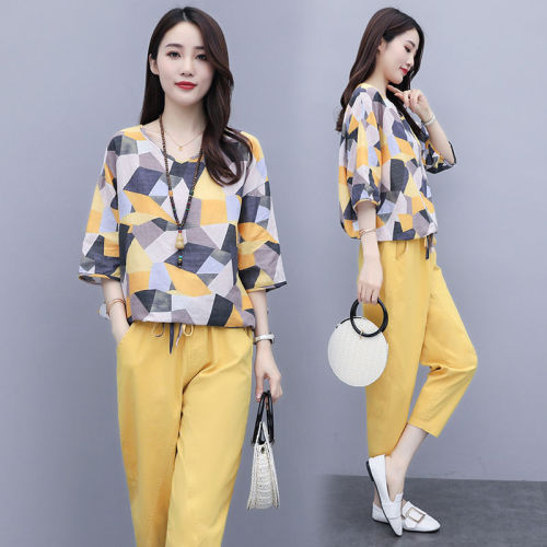 Fashion suit women's summer 2021 new style Imitation cotton hemp foreign style age reducing loose show thin leisure fashion two piece set