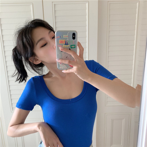 Real photo, real price, all kinds of sexy U-neck top, women's high waist, open navel, short sleeve and tight T-shirt