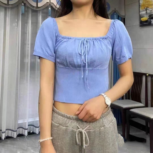 New sweet square neck tie open navel bubble sleeve T-shirt women's base top fashion