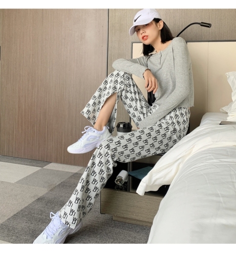 Spring net red printing casual pants high waist loose thin letter split guard pants knitted wide leg flared pants