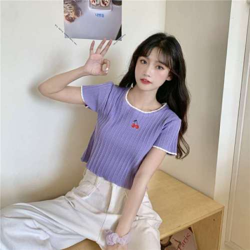 New knitwear short sleeve slim summer thin top short elegant cherry embroidered cute T-shirt