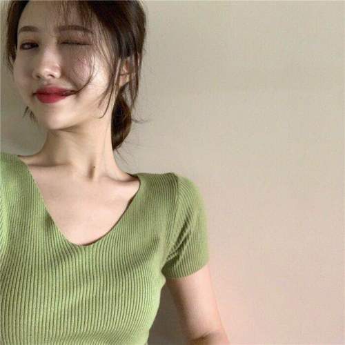 Summer Korean version chic slim V-neck base coat retro short sleeve T-shirt all over T-Shirt Top Women's thread