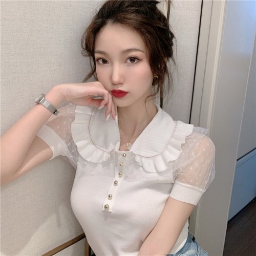 Design feeling French retro baby collar knitting mesh stitching bubble sleeve short sleeve T-shirt clavicle machine top female