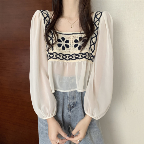 Real price: Spring  New Retro and versatile, loose square neckline, crochet stitched long sleeve blouse
