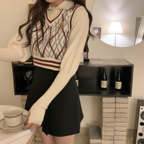 New Retro neck knitted waistcoat women's sweater vest with Korean Short sleeveless vest
