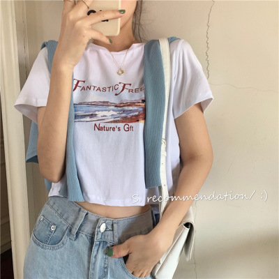 Korean version elegant style, watch out for the short top with exposed navel and short sleeve T-shirt for women's fashion