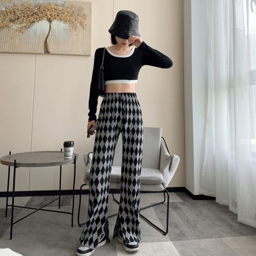 Spring net red printing casual pants high waist loose thin letter split guard pants knitted wide leg flared pants