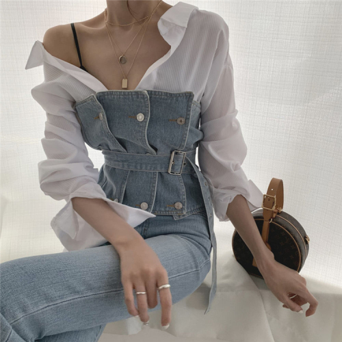 Sexy double necked striped shirt + two piece suit with bra and belt Denim Vest