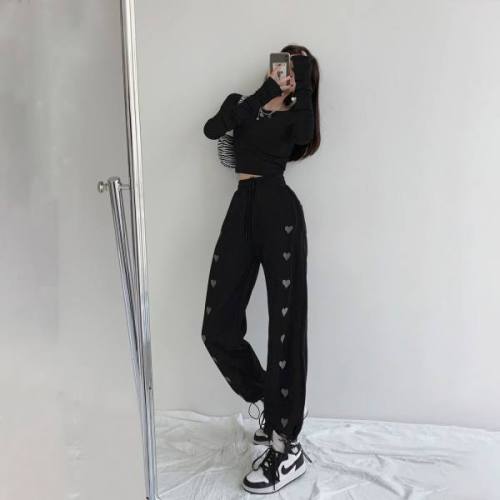 Spring and summer thin hot girl Style Embroidered love sports pants women's drawstring Leggings high waist loose casual straight pants