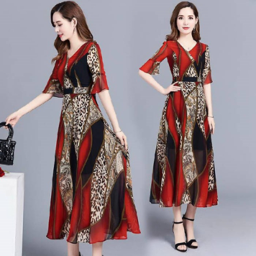 Leopard print national style dress new style in summer broad lady noble high end over the knee mom skirt