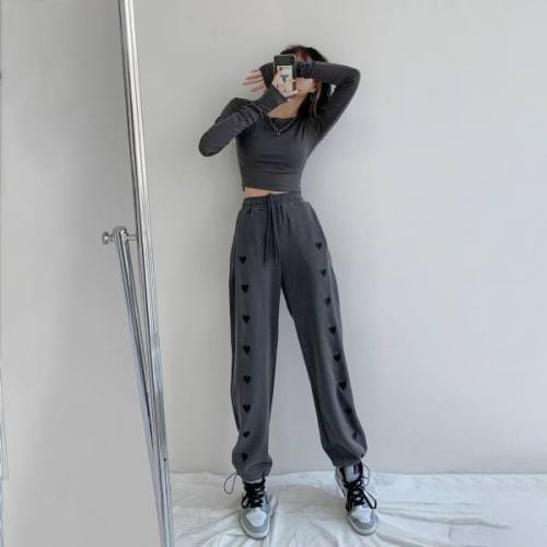 Spring and summer thin hot girl Style Embroidered love sports pants women's drawstring Leggings high waist loose casual straight pants