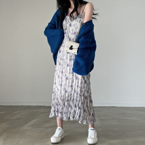 Korean pleated and versatile ink printing suspender Dress Medium Length