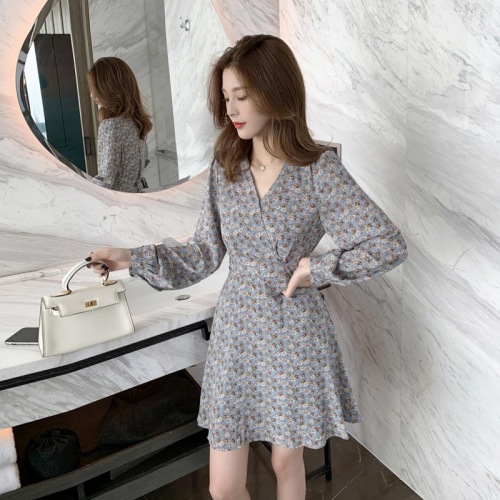 Chiffon floral dress women's new spring and autumn dress French Hepburn style