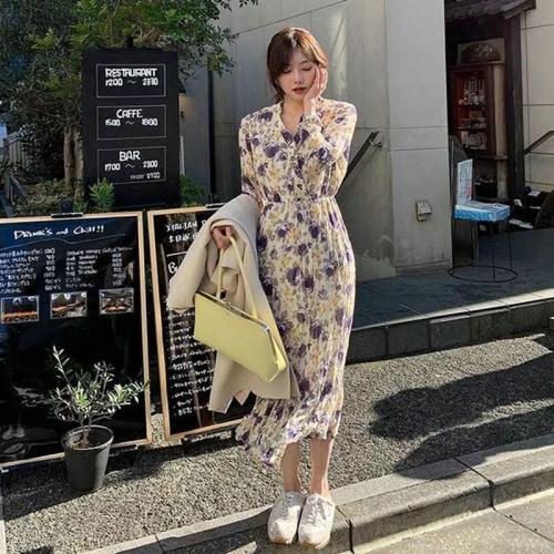 Early spring new women's dress tea break French long dress senior design sense minority floral dress spring and Autumn