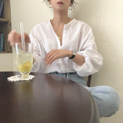 Spring and summer hollowed out loose top collar bubble sleeve transparent long sleeve blouse show thin age reduction