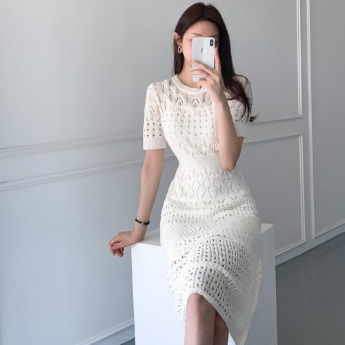 Two piece ice silk knitted dress with flounce cut-out