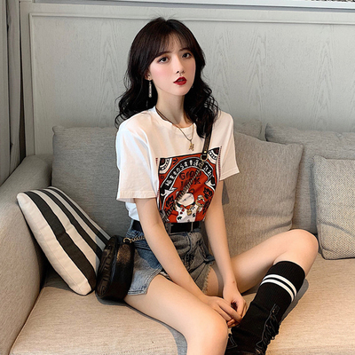 Screen red printing versatile loose bottomed top spring 2021 new Korean lazy style white short sleeve T-shirt for women