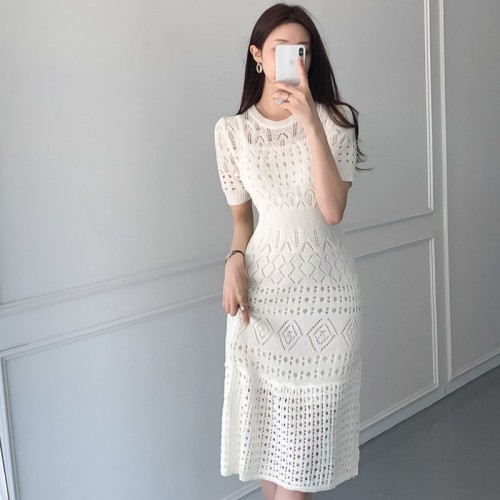 Two piece ice silk knitted dress with flounce cut-out