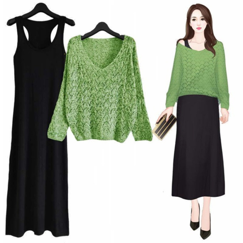 Knitted suit skirt slim two piece dress long skirt large women's long sleeve