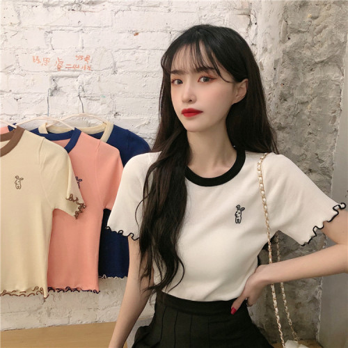 Korean version of 2021 summer dress: versatile round neck, solid color, thin and versatile, short sleeve bottomed sweater top, women's fashion