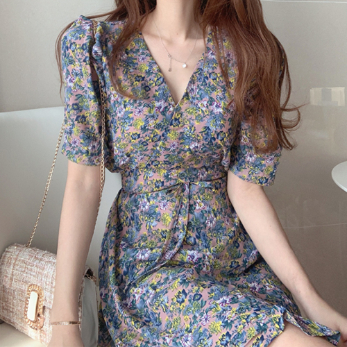 New summer tea break French minority collar Floral Chiffon Dress