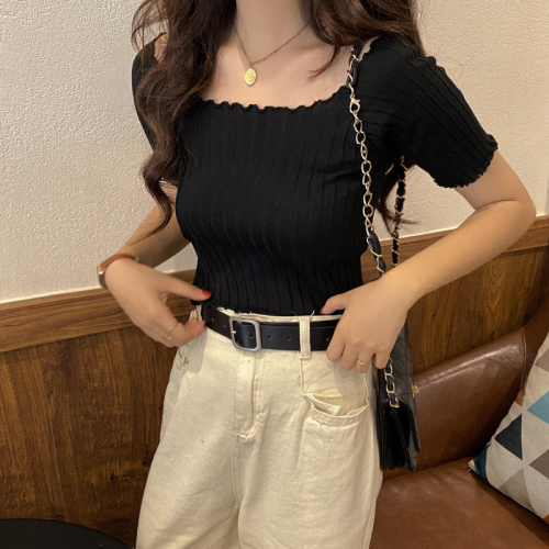 Real price new summer slim short sleeve thin square collar knitted T-shirt top