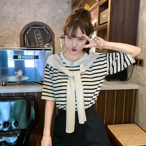 Summer Korean new loose round neck patchwork shawl stripe student short sleeve T-shirt women's wear
